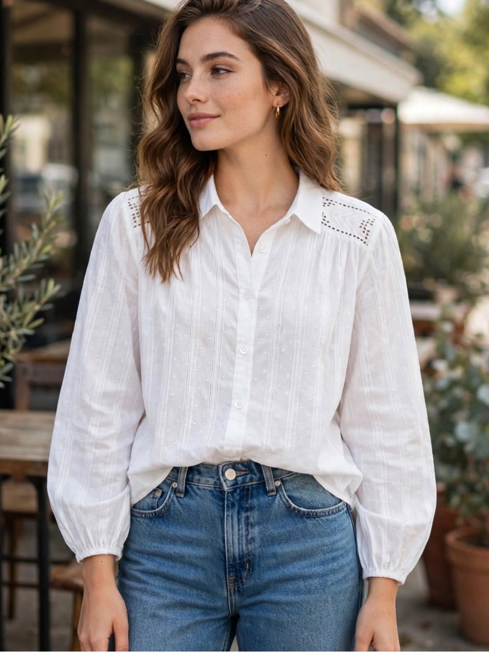 American Eagle Outfitters White Eyelet Yoke Button-Front Shirt
